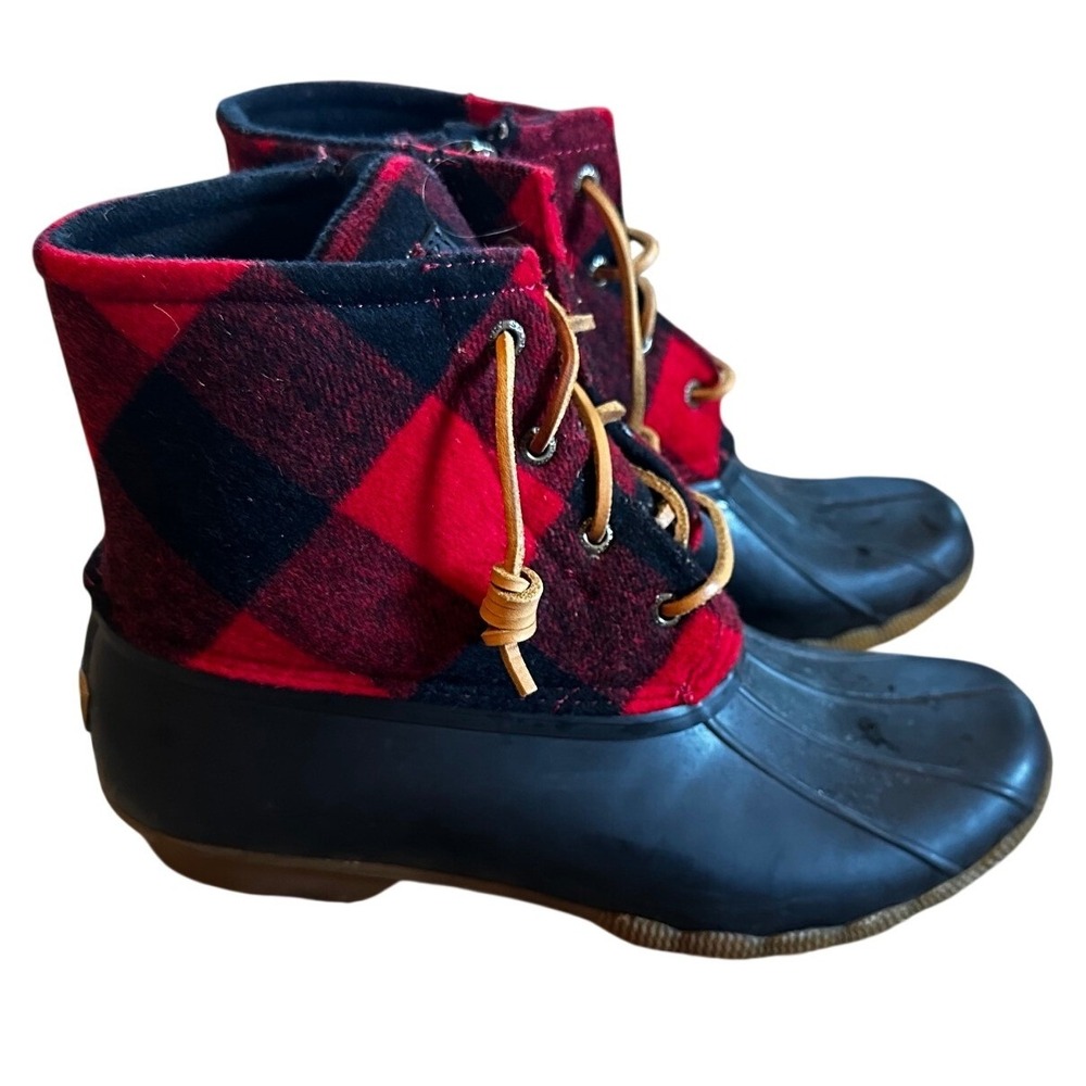 Sperry Black Red Buffalo Plaid Wool Duck Boots Women's 10